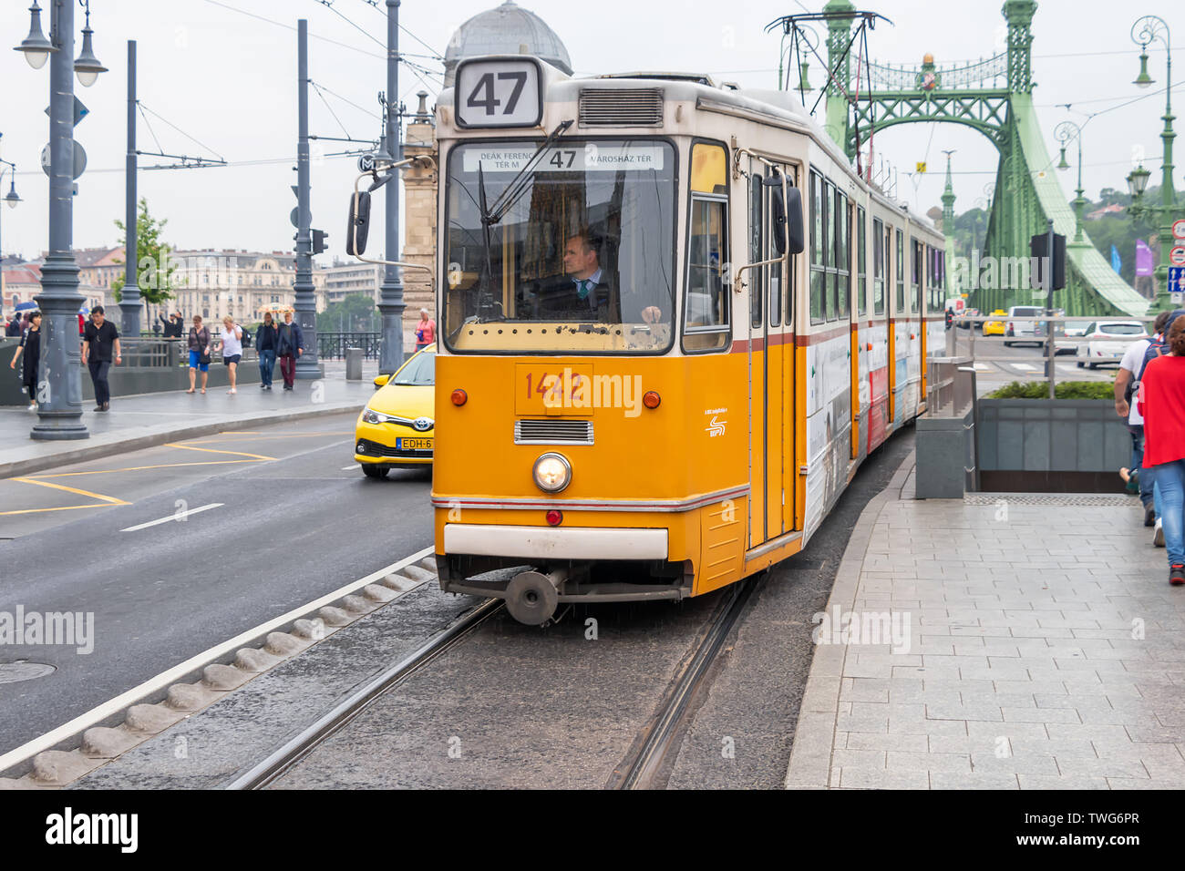 Historic Ganz CSMG tram near Freedom Bridge  in the city of Budapest in Hungary. In operation since 1866, the Budap Stock Photo