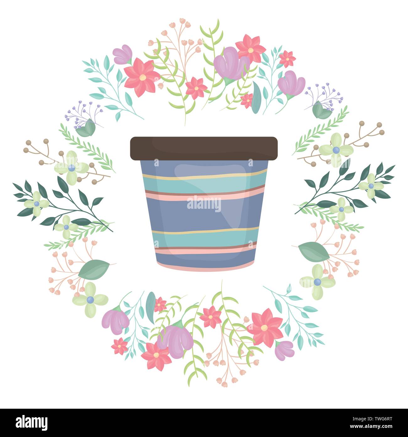 ceramic garden pot striped with flowers wreath vector illustration ...