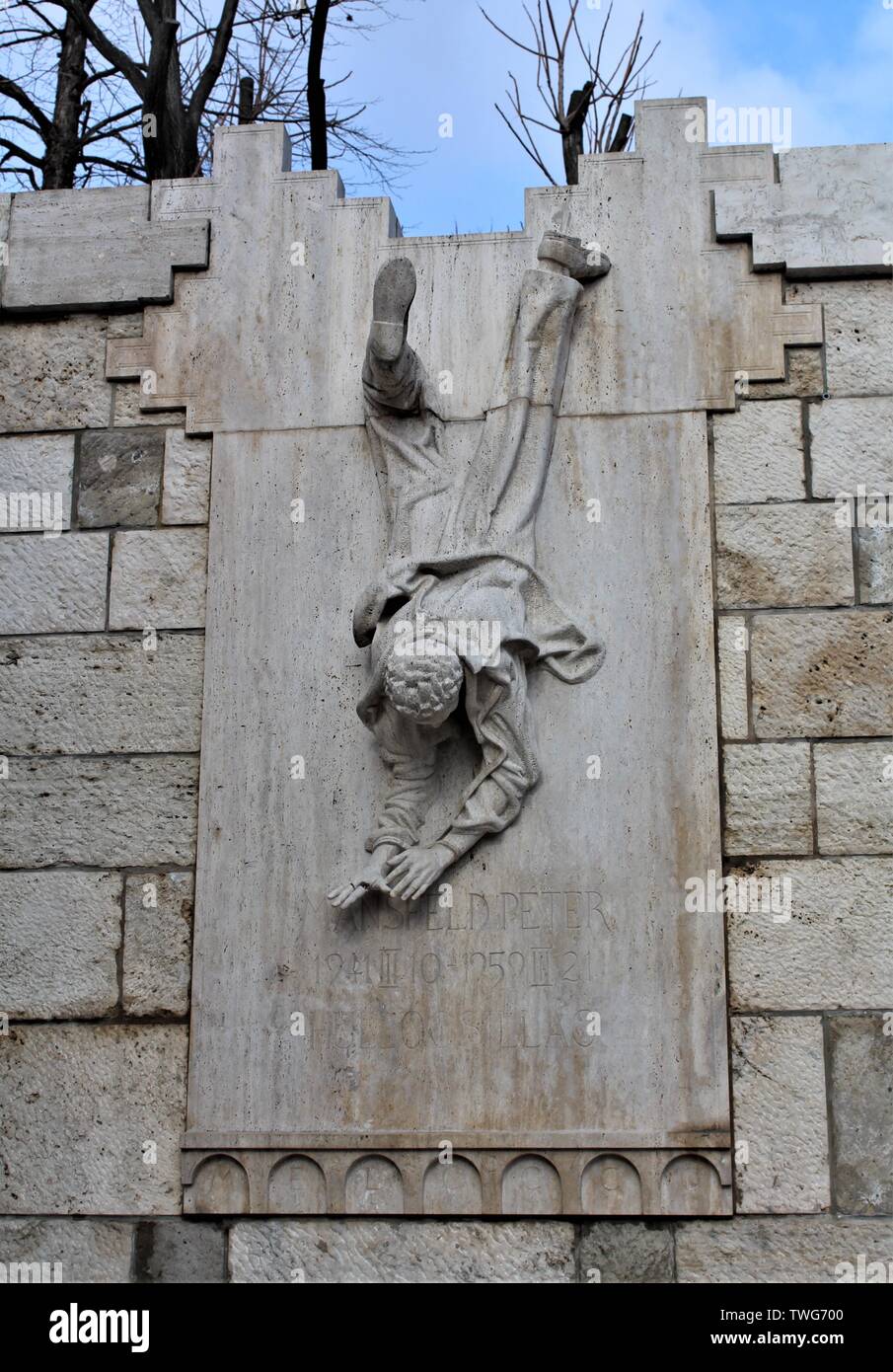 Sculpture of the iconic Hungarian teenager Peter Mansfeld falling with a broken hand. Mansfeld led a revolution against the Soviet rule of Hungary. Stock Photo