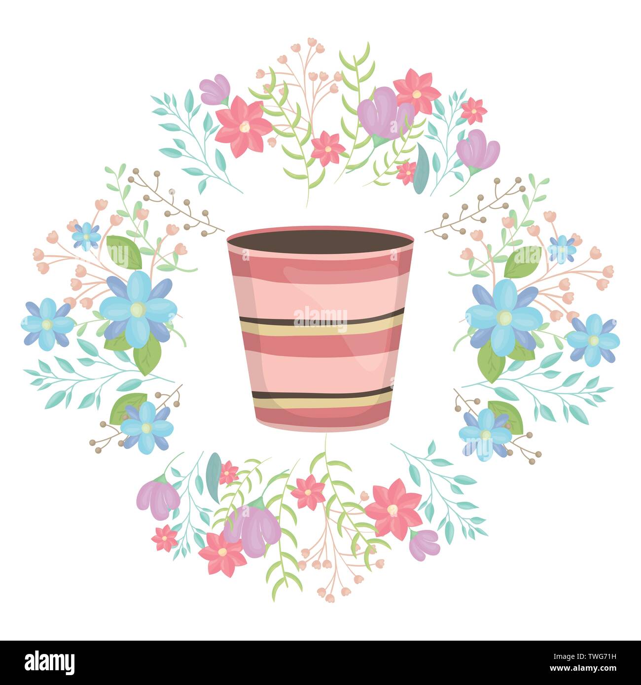 ceramic garden pot striped with flowers wreath vector illustration ...