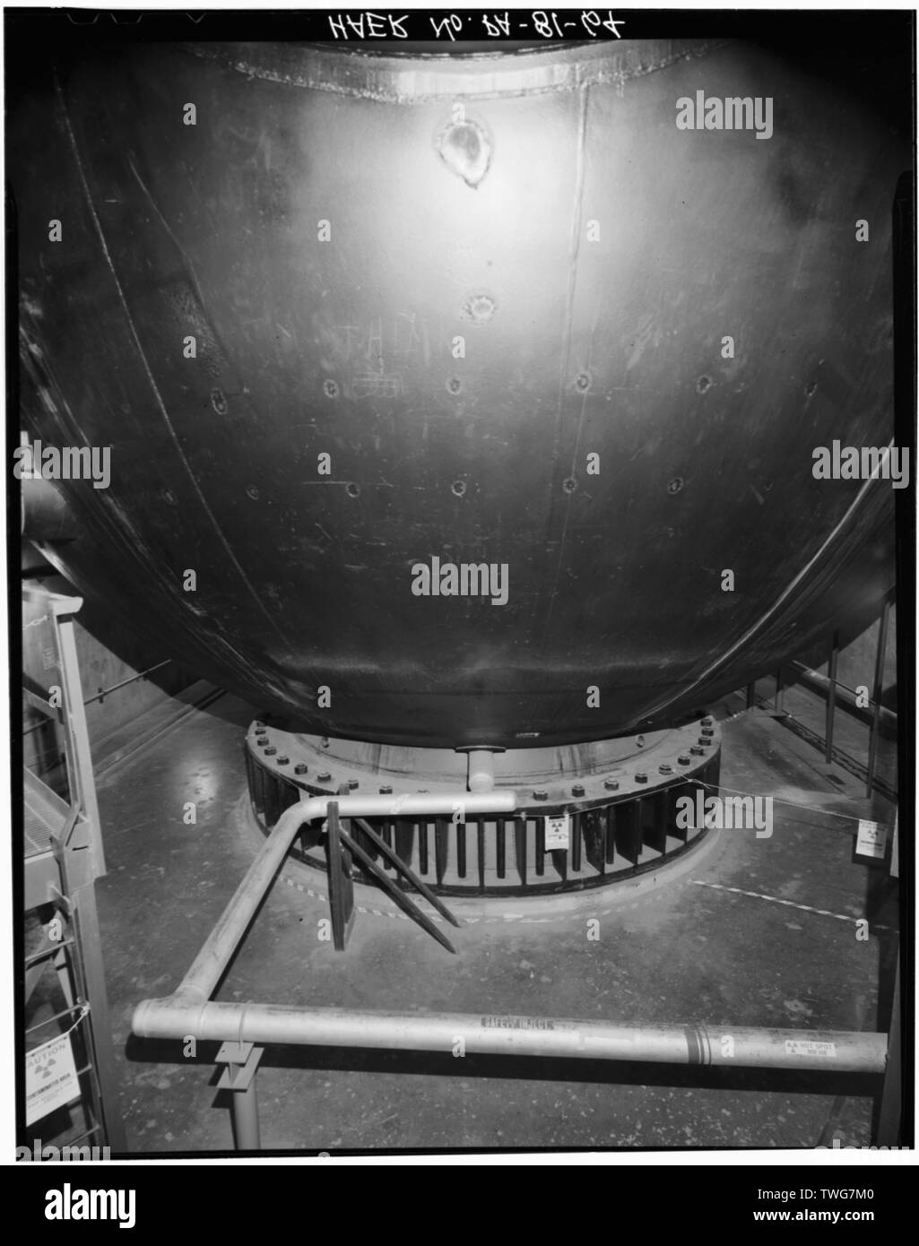 REACTOR CONE FROM NORTH SHOWING REACTOR CONE ATTACHMENTS (LOCATION RRR) - Shippingport Atomic Power Station, On Ohio River, 25 miles Northwest of Pittsburgh, Shippingport, Beaver County, PA; Rickover, Hyman G; Duquesne Light Company; U.S. Department of Energy; Atomic Energy Commission; Westinghouse Electric Corporation; Bettis Atomic Power Laboratory; Stone and Webster Engineering Corporation; Dravo Corporation; Simpson, John W; Gray, John E; Barker, Joseph H; Iselin, Donald G; Combustion Engineering, Incorporated; Knolls Atomic Power Laboratory; Clark, Philip R; Leighton, David T; Mealia, Joh Stock Photo