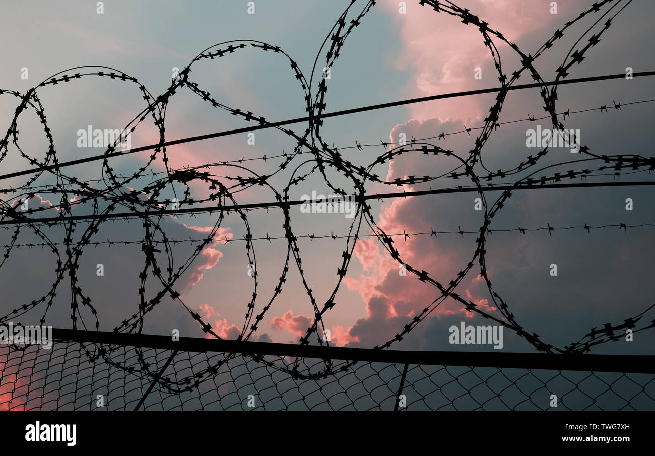 beautiful sunset behind the fence with barbed wire Stock Photo - Alamy