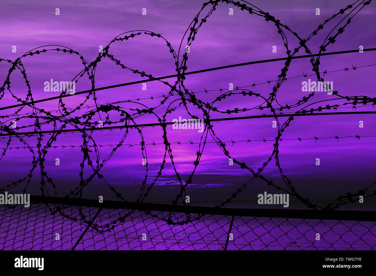 beautiful sunset behind the fence with barbed wire Stock Photo - Alamy
