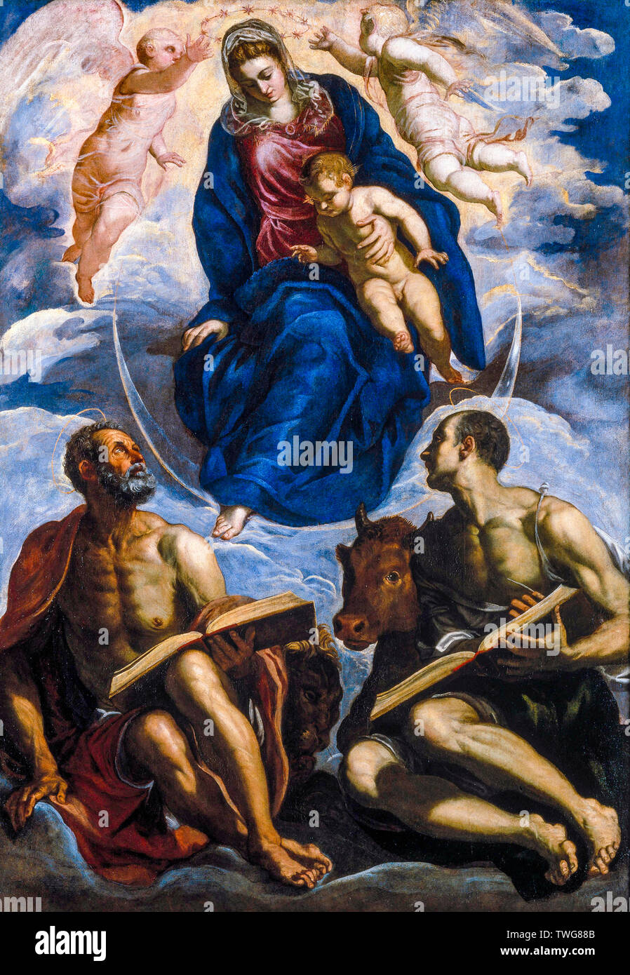 Jacopo Tintoretto, Mary with the Child venerated by St. Mark and St. Luke, painting, before 1570 Stock Photo