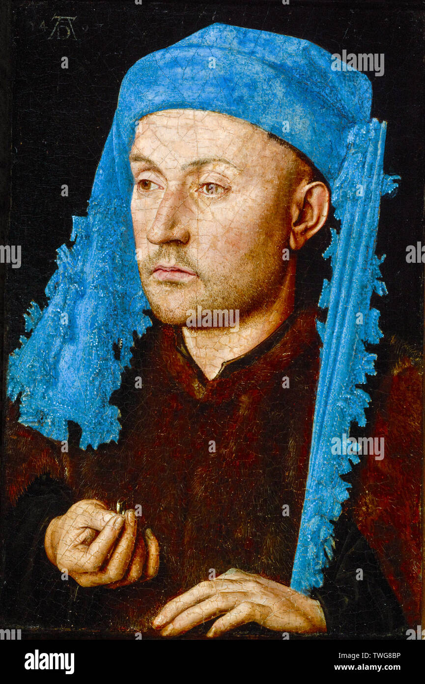 Jan van Eyck, Man in a Blue Cap, portrait painting, 1425-1434 Stock Photo
