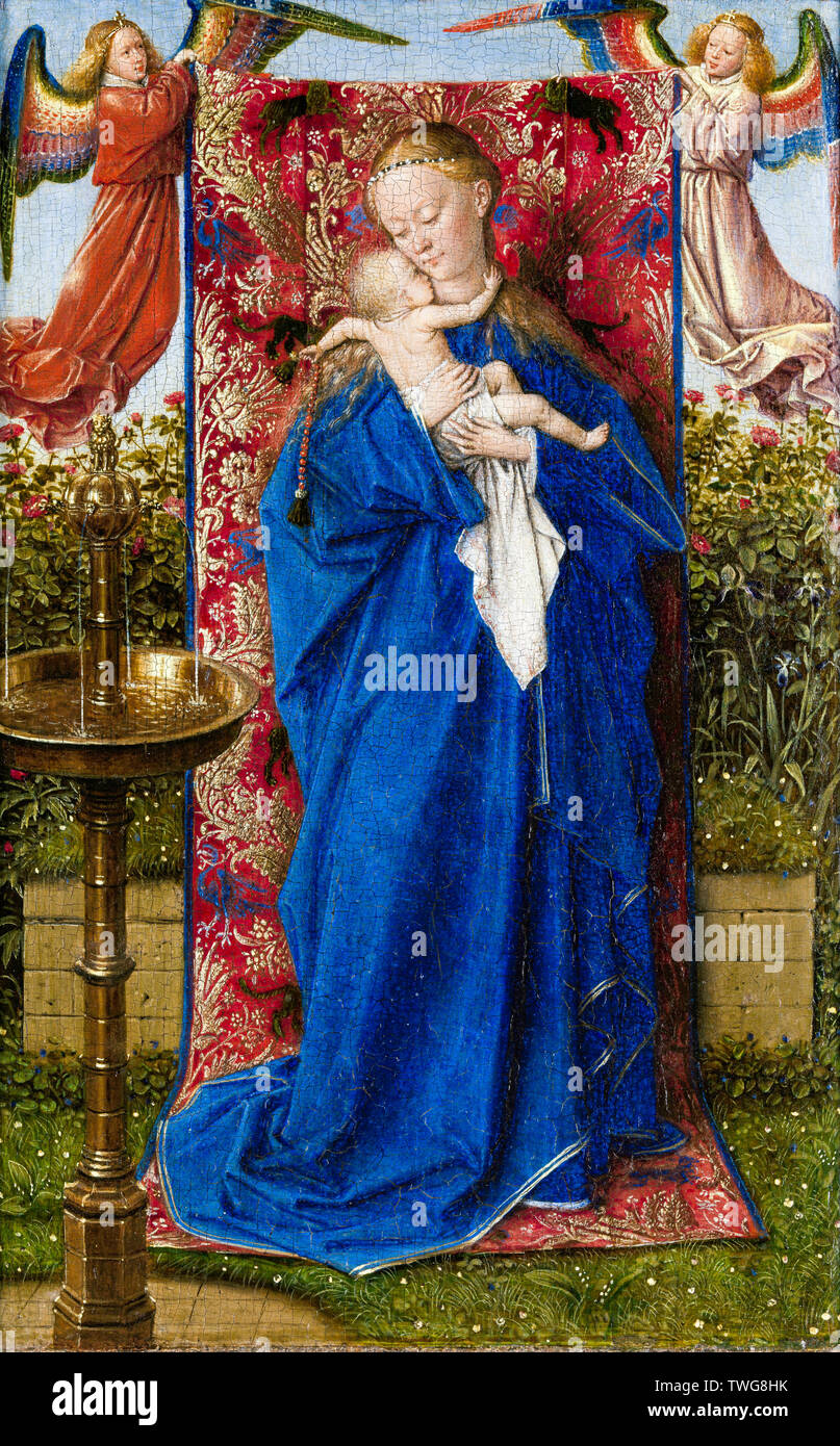 Jan van Eyck, Madonna and Child at the Fountain, painting, 1439 Stock Photo