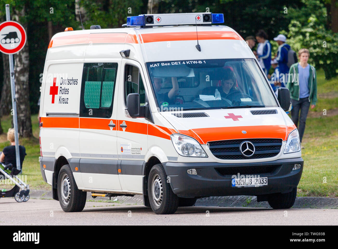 AUGUSTDORF / GERMANY - JUNE 15, 2019: German ambulance car from Deutsches rotes Kreuz stands at public event open day in Augustdorf. Stock Photo