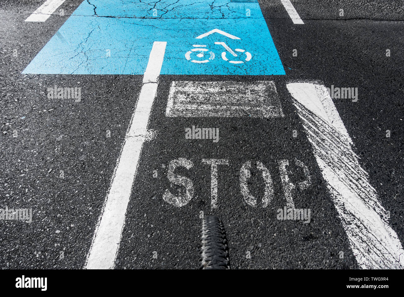 Cycle lane, bike lane road markings. Cycle path, Bike path. Stock Photo
