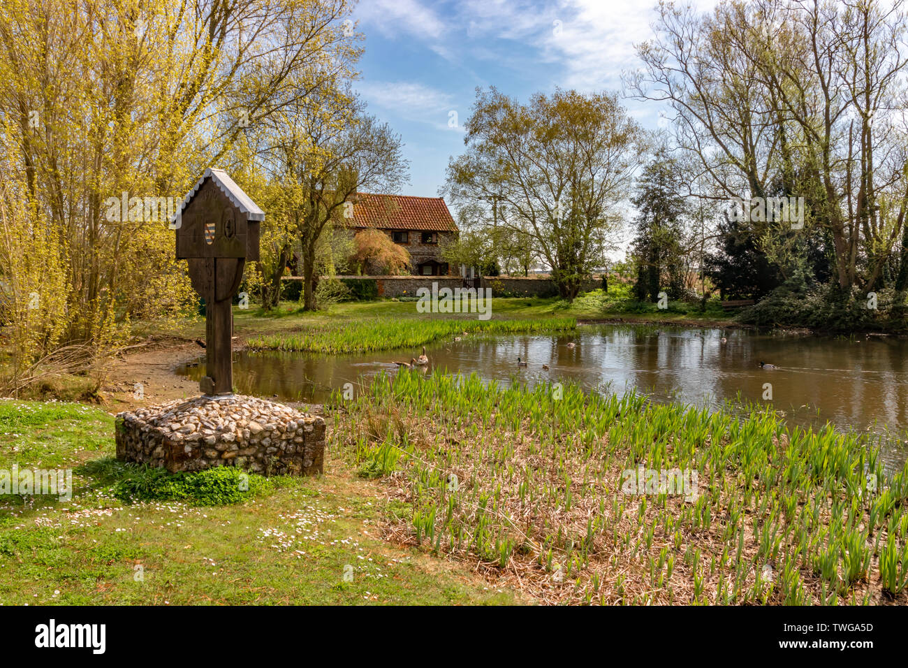 Stanhoe village duck pond and sign in springtime a traditional small Norfolk countryside village in the North of the county Stock Photo