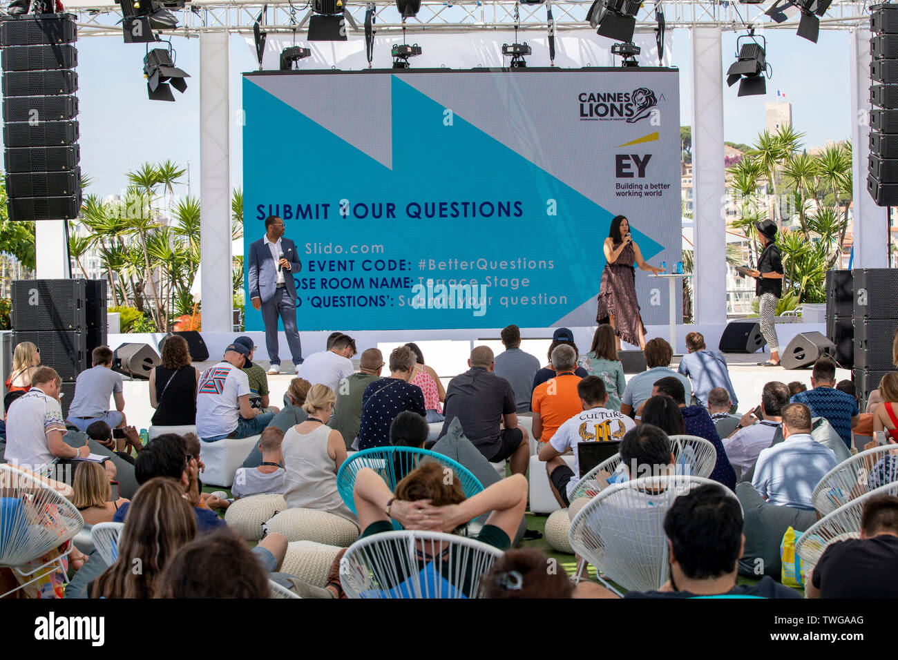 Cannes, France, 20 June 2019, Chief Marketing Officer Activision Blizzard Esports Leagues Daniel Cherry and Head of Call of Duty Esports for Activision Blizzard Johanna Faries speaks on stage during the Activision