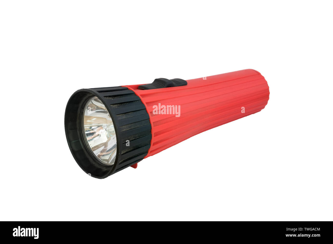 Red flashlight off laying,isolated on white background Stock Photo