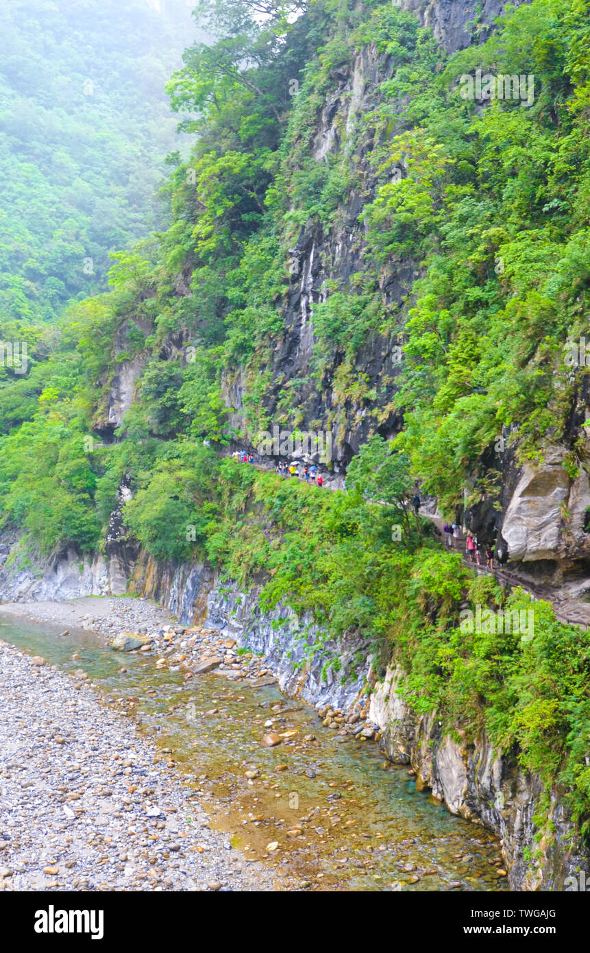 Vertical photo of Taroko National Park in Taiwan. Named after Taroko Gorge by the Liwu River. Green tropical forests surrounded by steep rocks. Taiwanese landscape. Tourists hiking on path. Stock Photo
