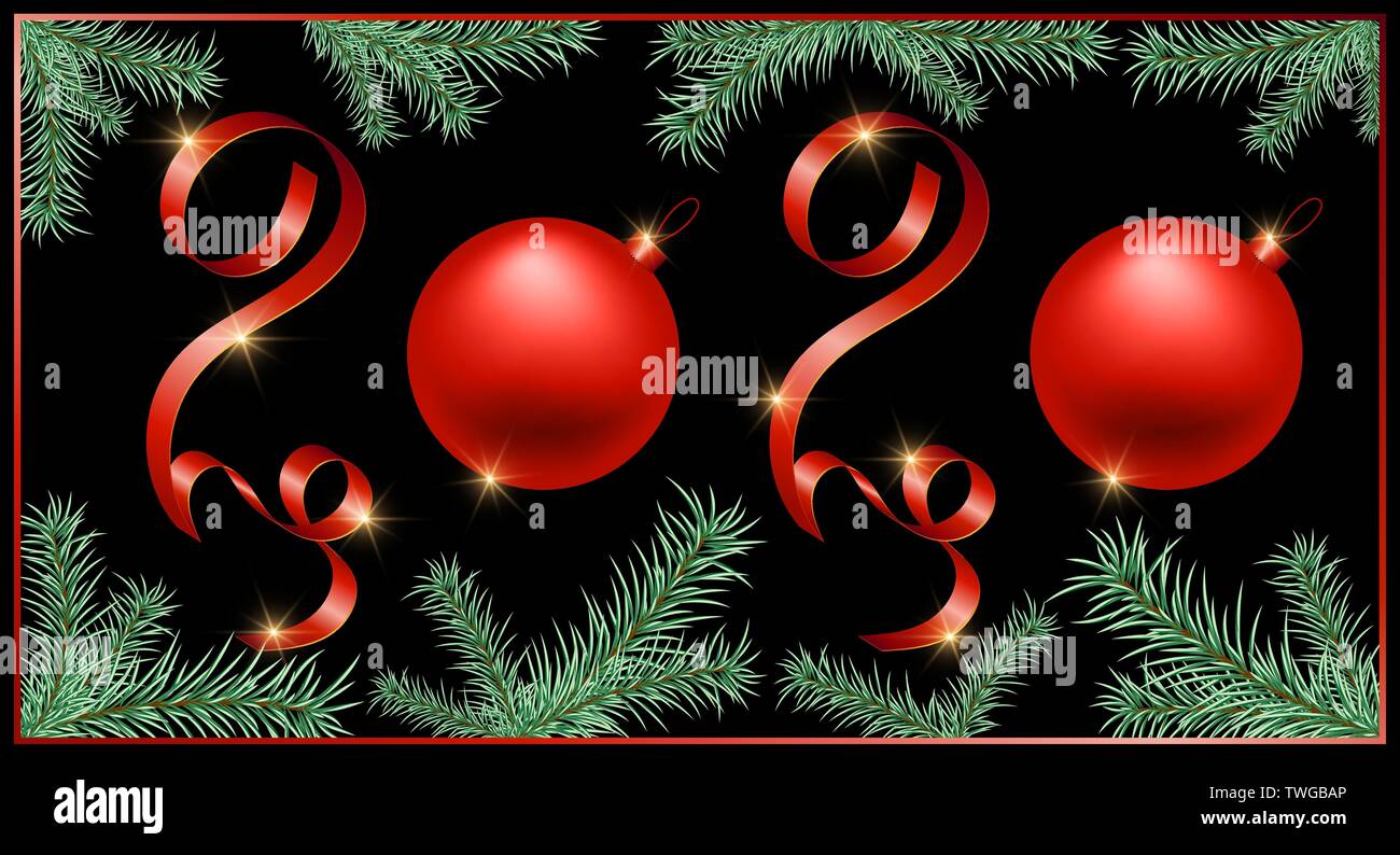 2020 new year background with red ribbons and balls. Green fir branches ...