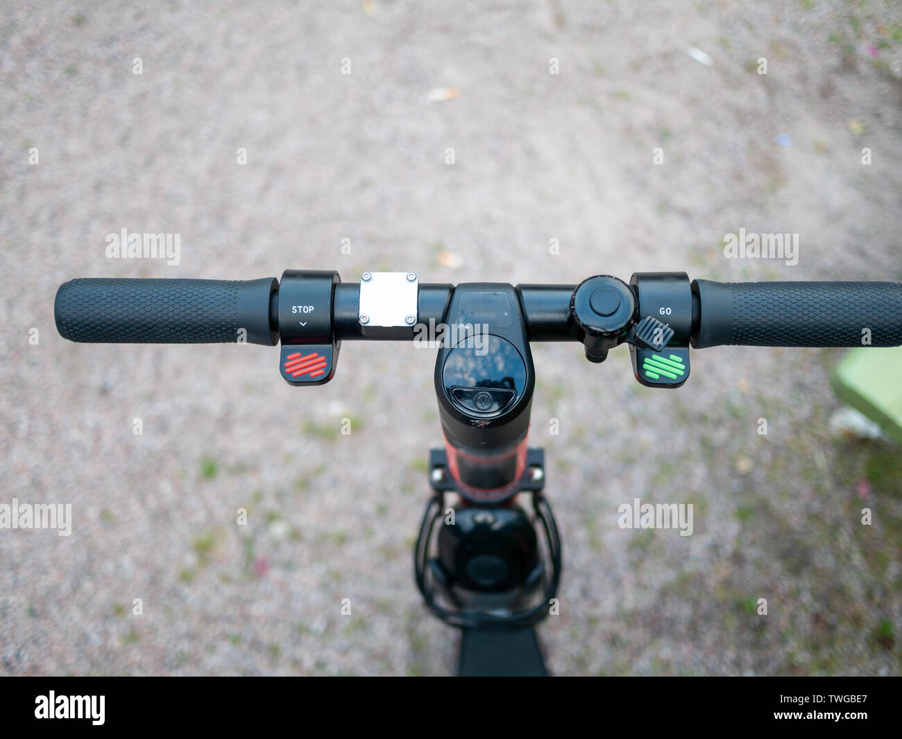 Close up image of an e-scooter handlebar with breaks, acceleration and a  bell Stock Photo - Alamy