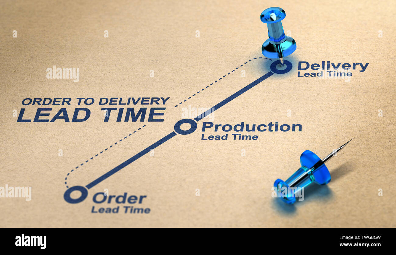 Order to delivery lead time diagram over paper background with blue thumbtacks. Supply Chain Management Concept. 3D illustration. Stock Photo