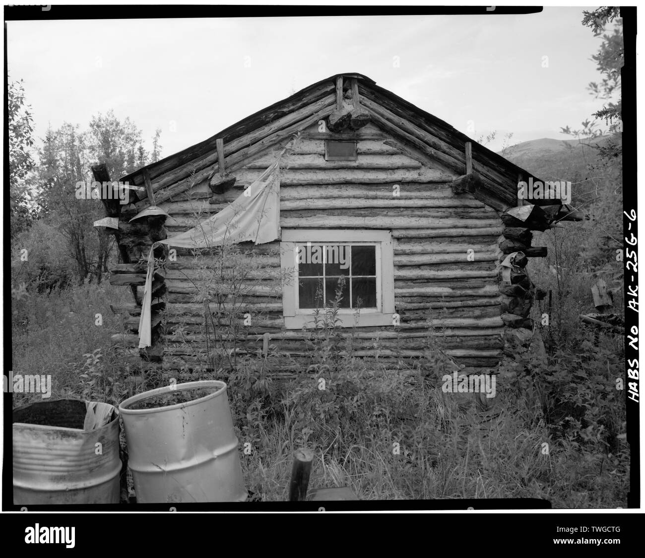 REAR OF CABIN, LOOKING SOUTH - Vincent Knorr Homestead, Koyukuk River at Wiseman Creek, Bettles Vicinity, Wiseman, Yukon-Koyukuk Census Area, AK Stock Photo