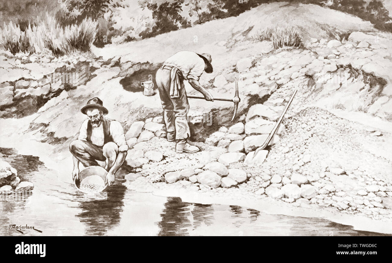 Panning for gold in Australia.  After a work by J. Macfarlane. From a contemporary print c.1935. Stock Photo