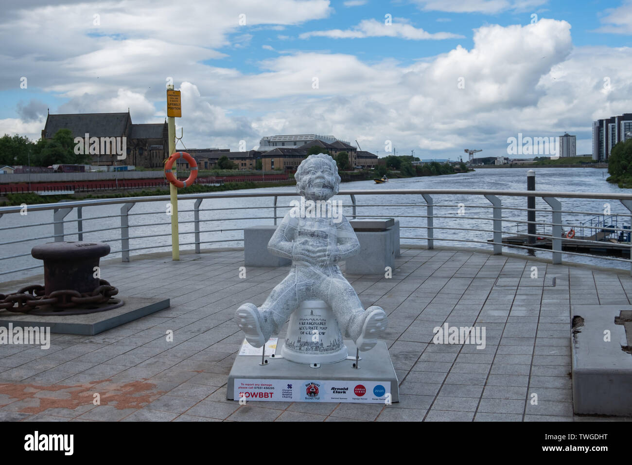 Glasgow, Scotland, UK. 20th June, 2019. A reasonably Accurate Map of Glasgow, created by Adrian McMurchie. This scupture adorns Oor Wullie in an illustrated map of Glasgow including some of the city's most famous buildings and quirky text to accompany them.  The sculpture is part of Oor Wullie’s BIG Bucket Trail. Credit: Skully/Alamy Live News Stock Photo