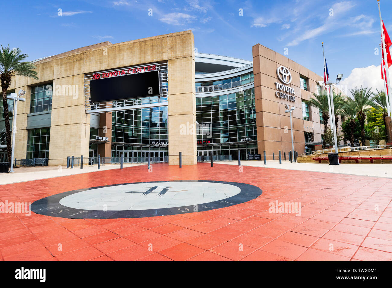 The Toyota Center, home to the NBA's Houston Rockets, shot during the day with a blank billboard on the front of the stadium. Stock Photo