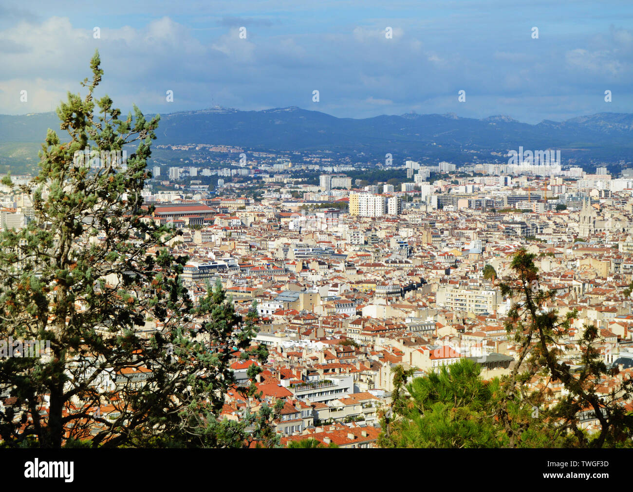 Panoramic view of Marseille from the top Of Notre Dame de La garde Cathedral, South of France on a Sunny day. Stock Photo