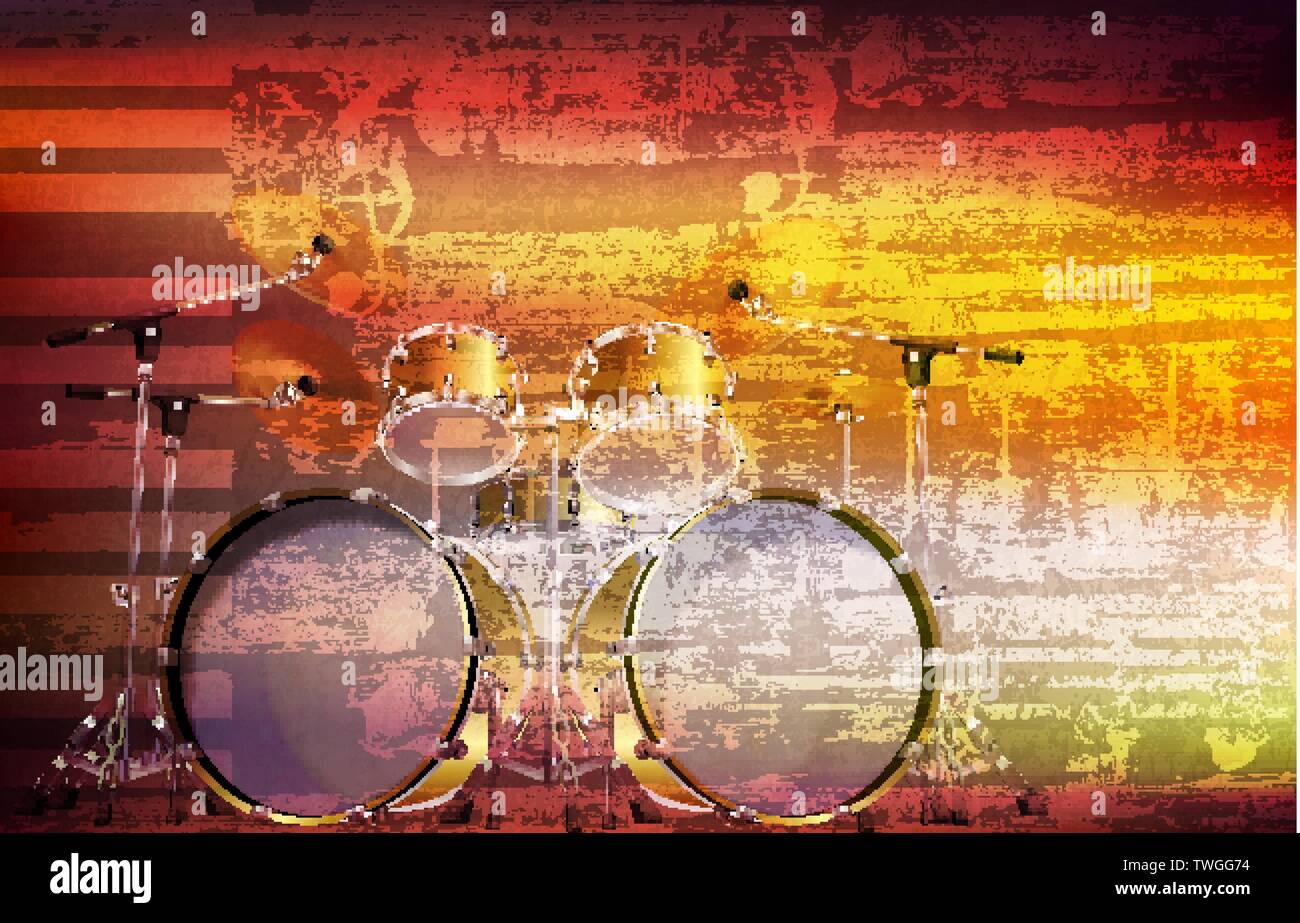 abstract brown grunge music background with drum kit Stock Vector