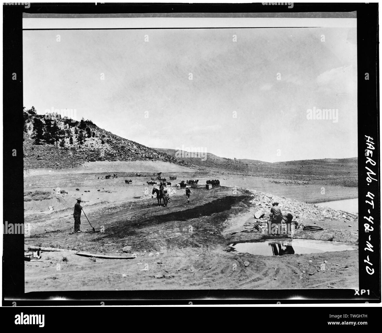 RECONSTRUCTION OF TWIN POTS DAM. ca. 1931 - High Mountain Dams in Upalco Unit, Twin Pots Dam, Ashley National Forest, 10.1 miles North of Mountain Home, Mountain Home, Duchesne County, UT; Farnsworth Canal and Reservoir Company; U.S. Bureau of Indian Affairs Stock Photo