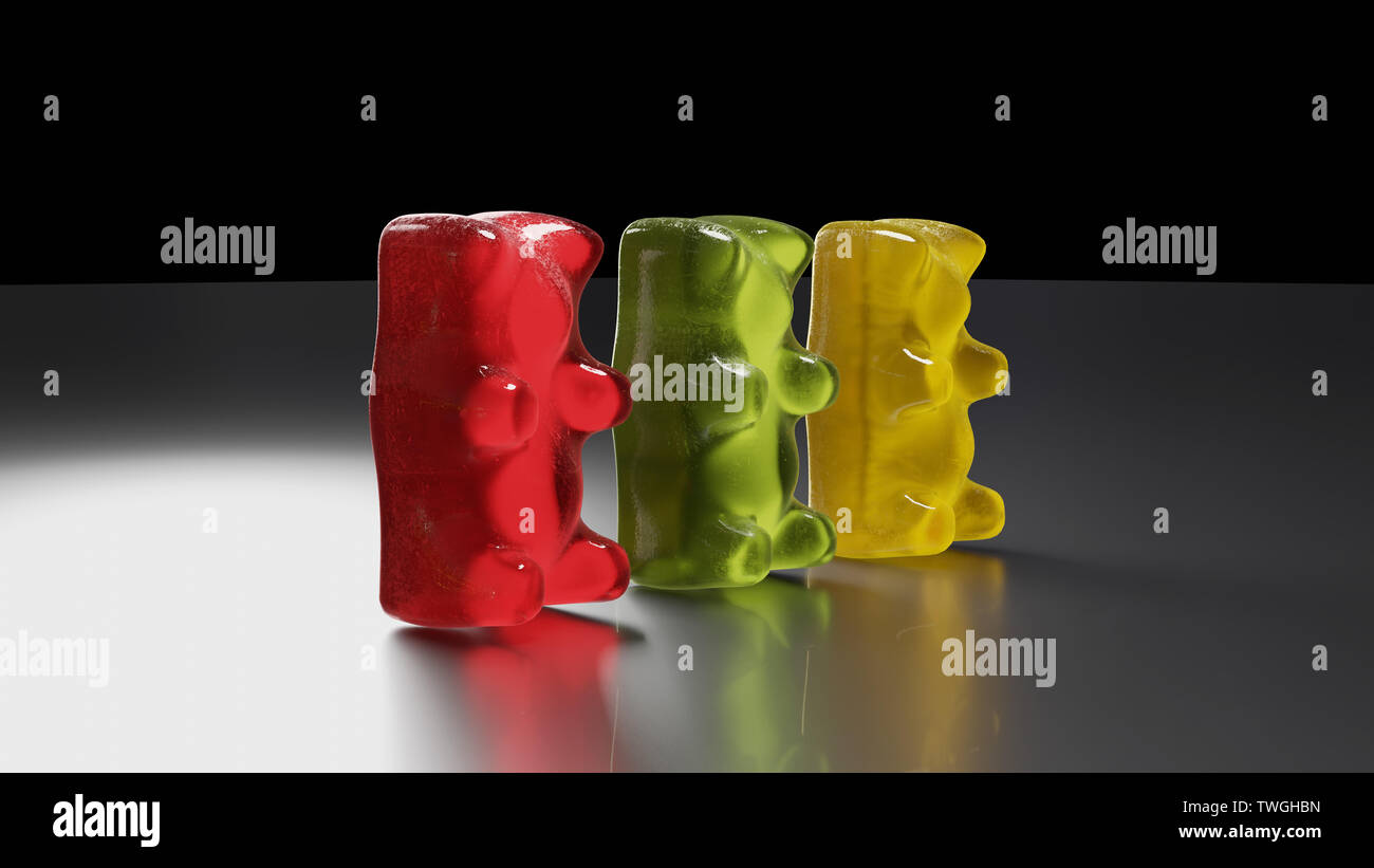 Colored gummy bears on reflected surface low key. 3d rendering Stock Photo