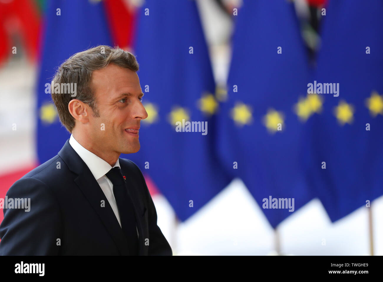 Brussels, Belgium. 20th June, 2019. French President Emmanuel Macron arrives for the EU summer summit in Brussels, Belgium, June 20, 2019. Credit: Zhang Cheng/Xinhua/Alamy Live News Stock Photo