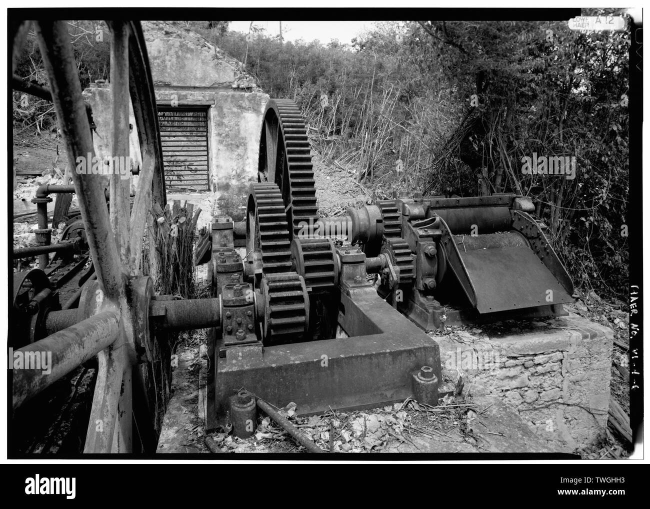 REDUCTION GEARS and CANE CRUSHER, FROM THE EAST - Estate Clifton Hill, Sugar Factory and Rum Distillery, South Central Street, Christiansted, St. Croix, VI; Marcoe, Peter; Marcoe, M H; Seaton, H, Jr; Seaton, Manning; Seaton, H, Sr; O'Reilly, Charles; Donocho, Charles; Jacobs, H; Quaile, Joseph; Percy, H; Switzer, E; Hoffmann, Axel; D Stewart and Company Ltd; Hoffmann, Marie; Austin Nichols and Company, Inc; Reid, Daniel B, transmitter Stock Photo