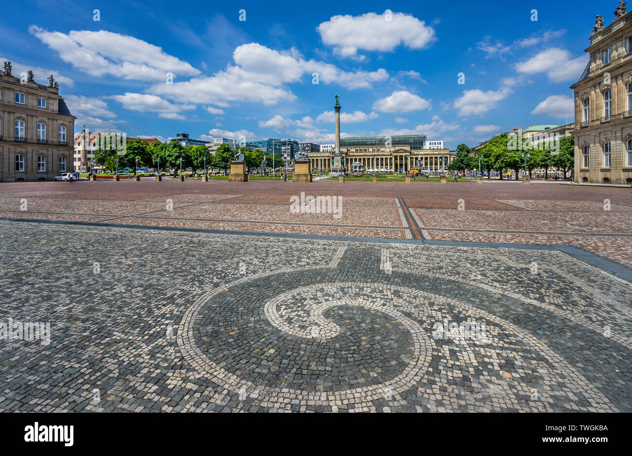 view of Schloßplatz (Castle Square) Stuttgart from the cobbled Ehrenhof (Hounour Court) of the New Palace, Stuttgart, Baden-Württemberg, Germany Stock Photo