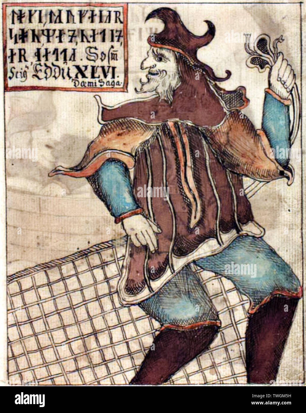 Loki with a fishing net, 1760 illustration of the Norse god from a 1760 Icelandic manuscript. Stock Photo