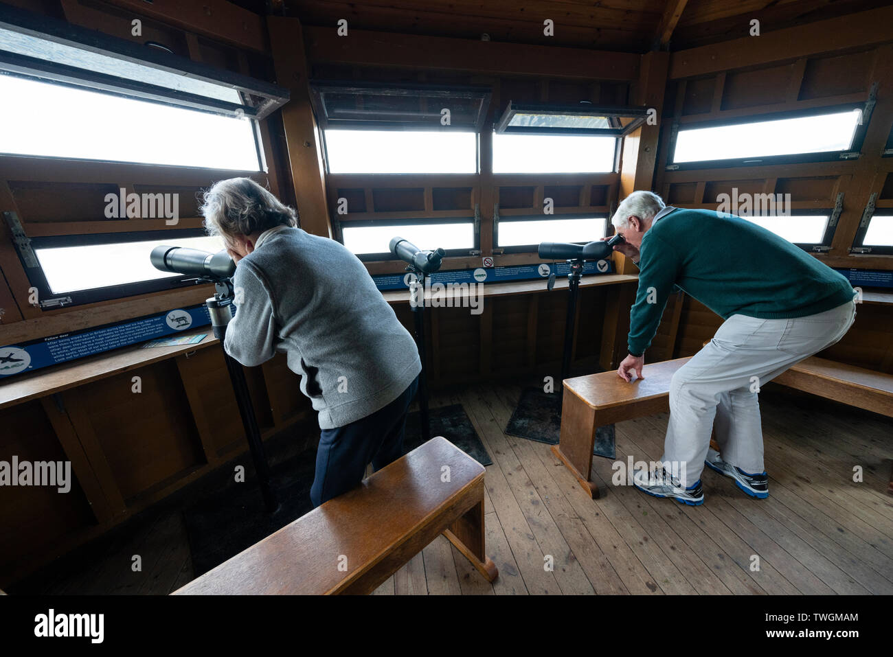 Birdwatchers inside Osprey birdwatching hide at Scottish Wildlife Trust visitor centre at Loch of the Lowes, near Dunkeld in Perthshire, Scotland, UK Stock Photo