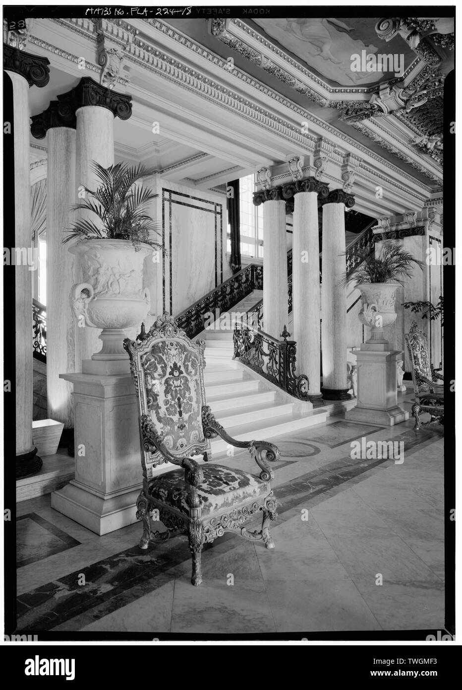 RIGHT FLIGHT OF DOUBLE STAIRCASE FROM MAIN HALL - Henry M. Flagler Mansion, Whitehall Way, Palm Beach, Palm Beach County, FL Stock Photo