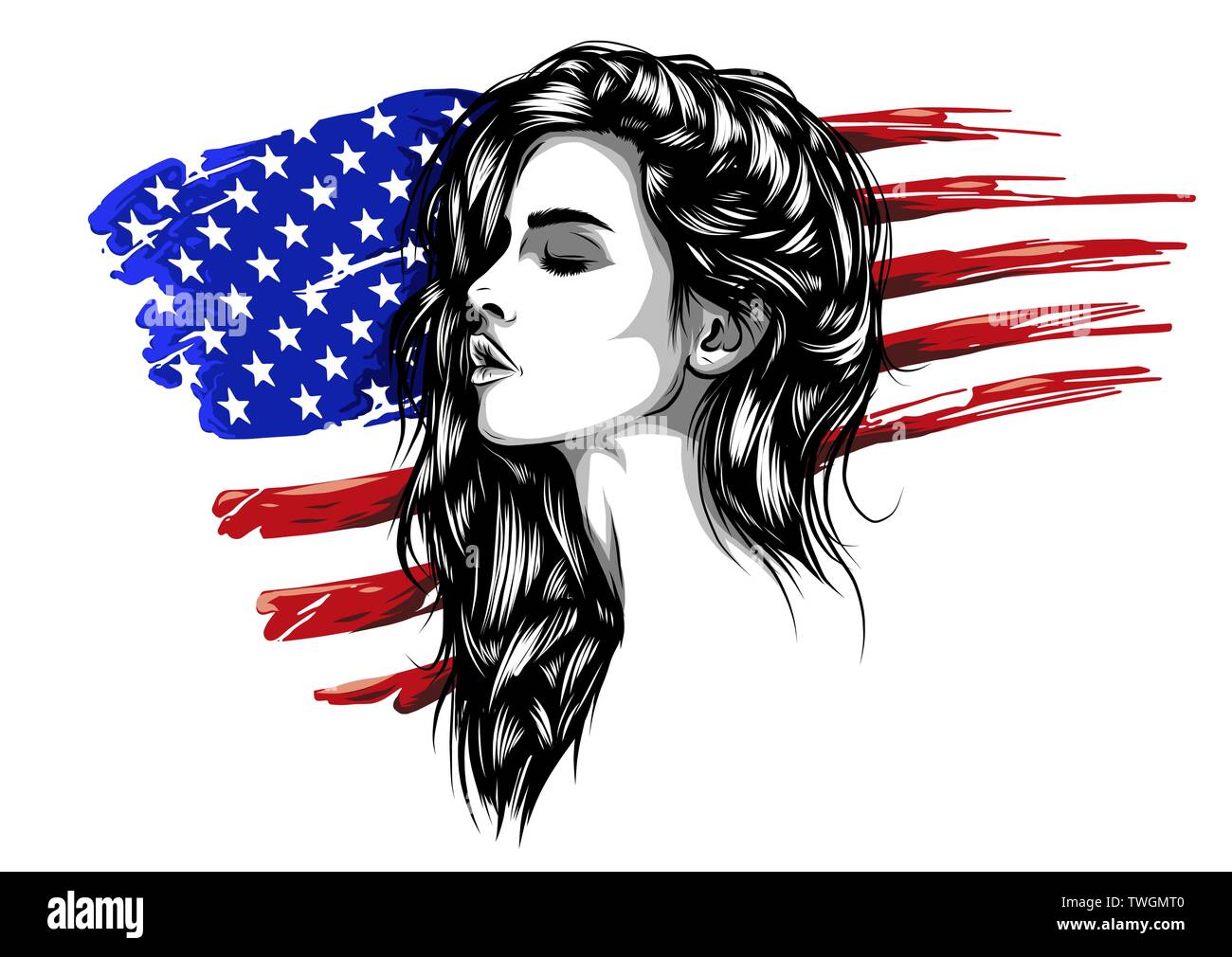 Illustration of a beautiful young woman with the american flag in the background. Stock Vector
