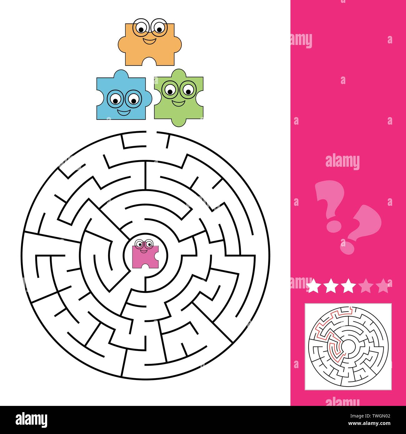 Help the puzzle piece to find the way to the puzzle, maze game for kids, answer included Stock Vector