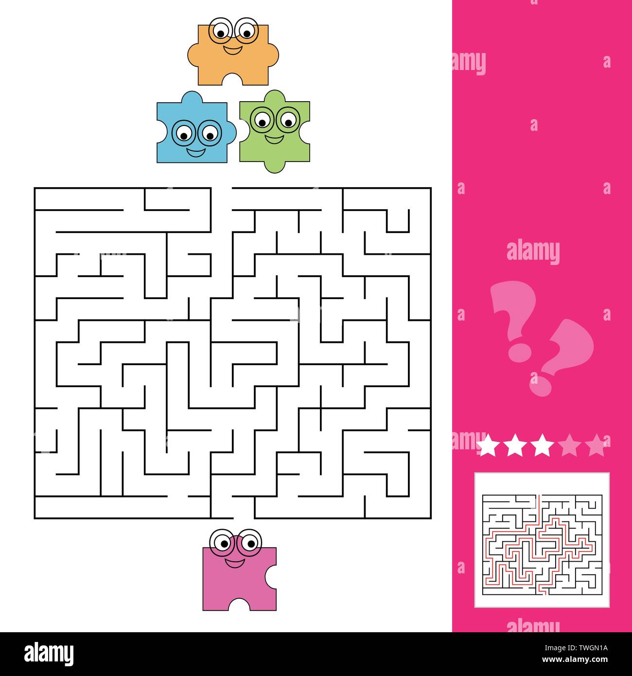 Help the puzzle piece to find the way to the puzzle, maze game for kids, answer included Stock Vector