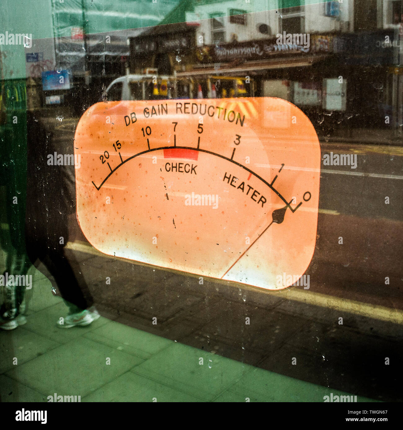 DB gain meter, reduction indicator , Analog Panel Meter, Loudness Metering ,sticker on shop window, Stock Photo