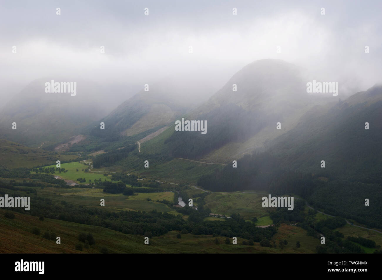 Dramatic weather in Glen Nevis from the Ben Nevis path - Lochaber, Scotland. Stock Photo