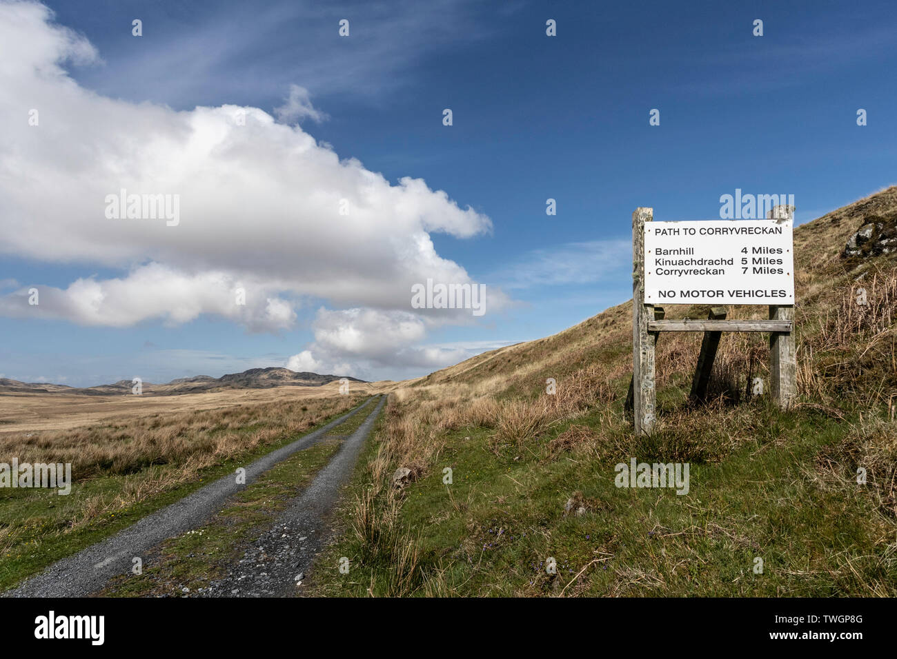 The road to Barnhill (where George Orwell wrote '1984') and Corryvreckan. Jura, Hebrides, Scotland Stock Photo