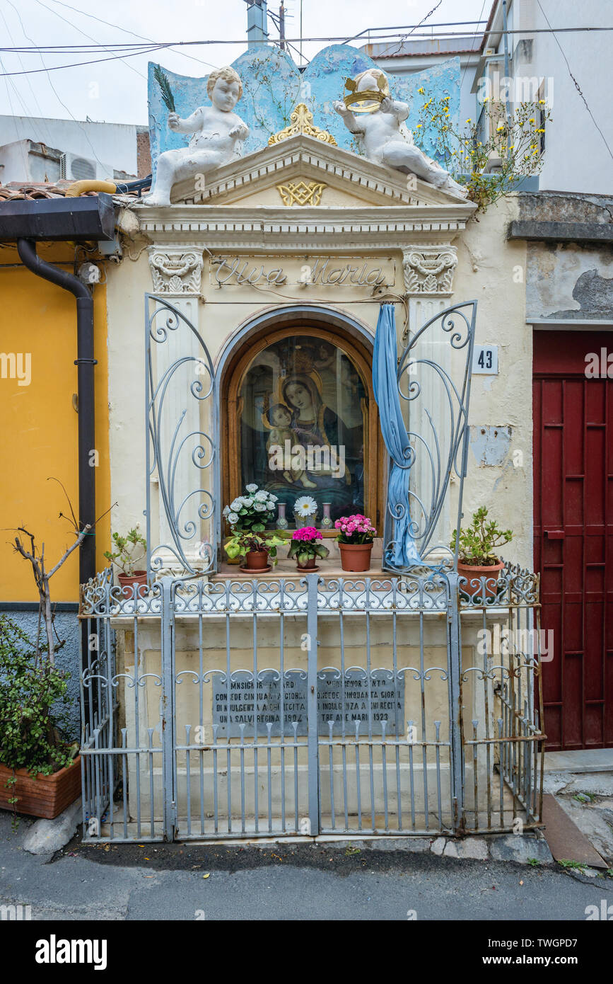 Blessed Virgin Mary Altar on Valverde Street in Aci Castello comune in the Metropolitan City of Catania on Sicily Island in Italy Stock Photo