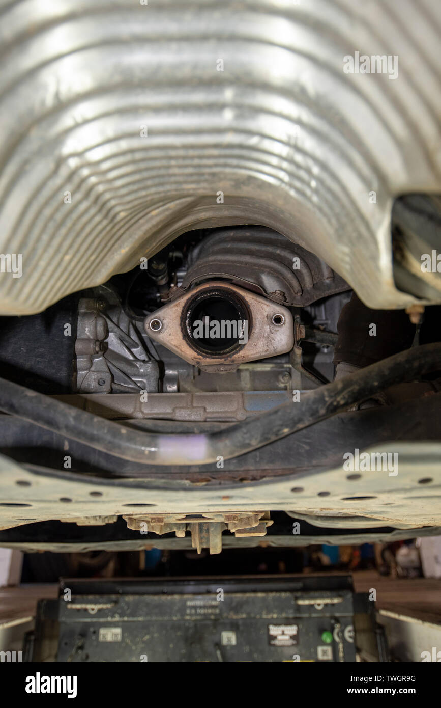 Toyota Prius, stolen Catalytic Converter. View underneath vehicle from