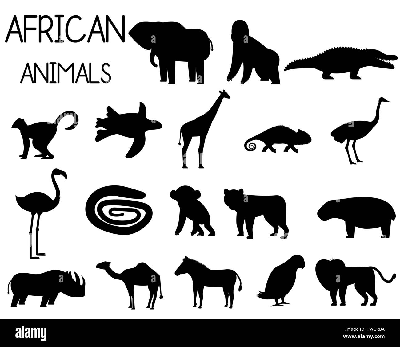 African animal silhouettes set of icons in flat style, African fauna, elephant, rhino, lion, parrot, etc. vector illustration Stock Vector