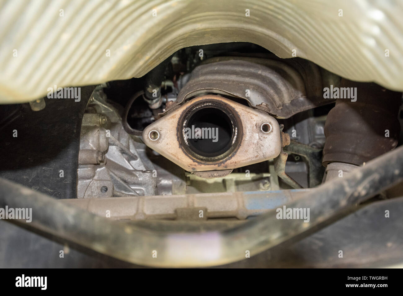 Toyota Prius, stolen Catalytic Converter. View underneath vehicle from