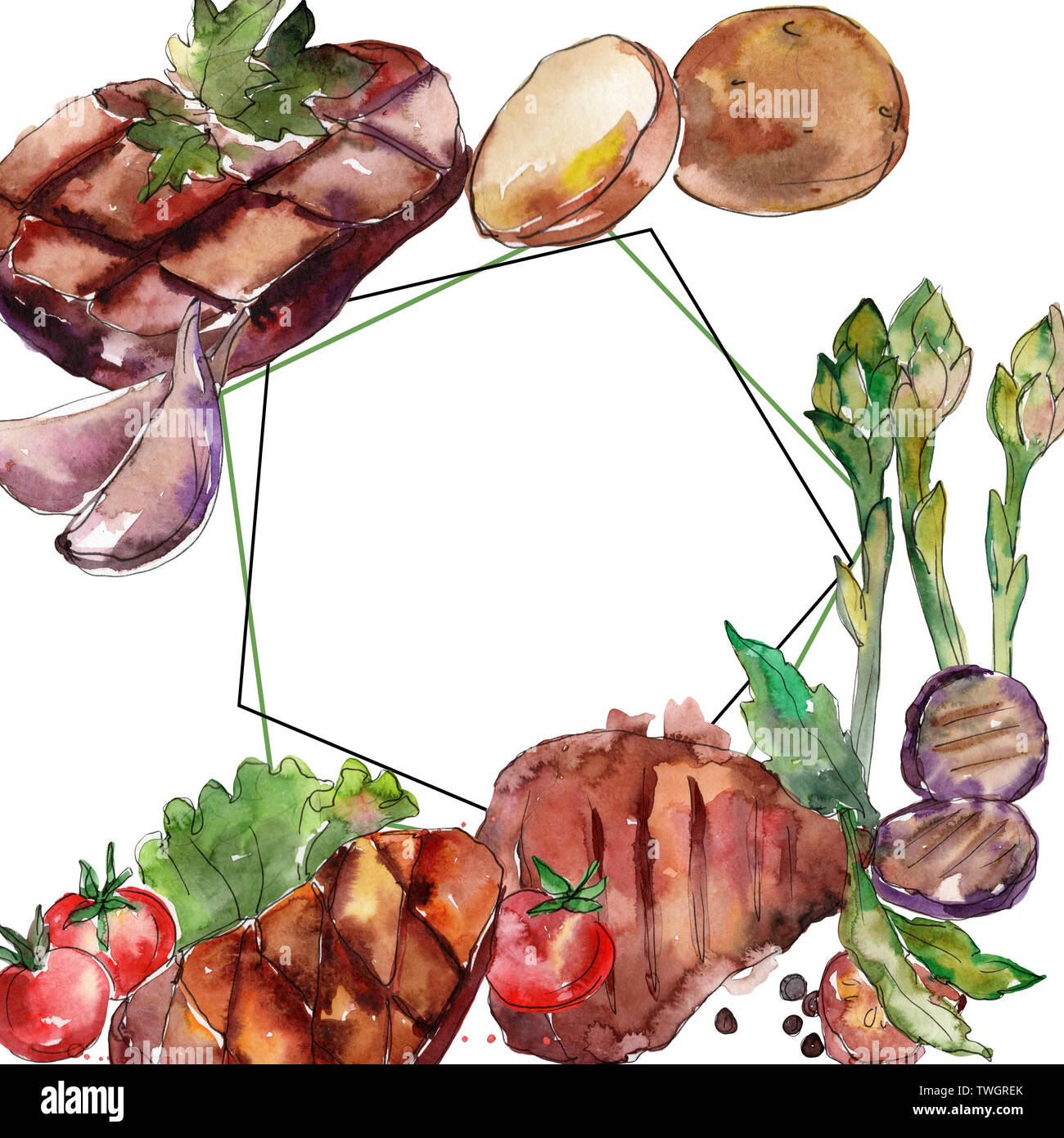 Grilled steak tasty food. Hand drawn barbeque meat illustration ...