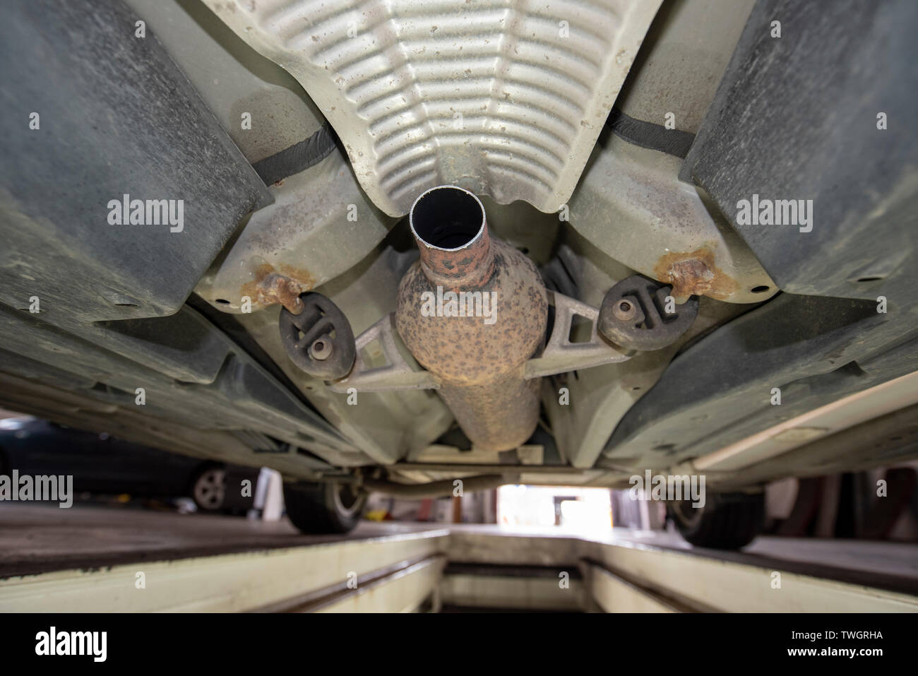 Toyota Prius, stolen Catalytic Converter. View underneath vehicle from