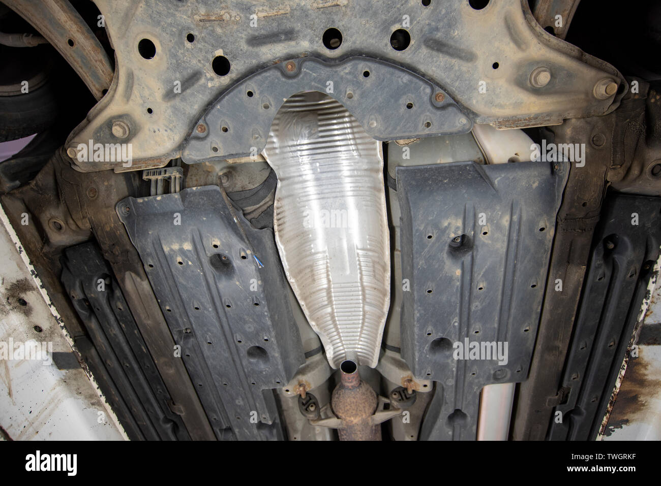 Toyota Prius, stolen Catalytic Converter. View underneath vehicle from