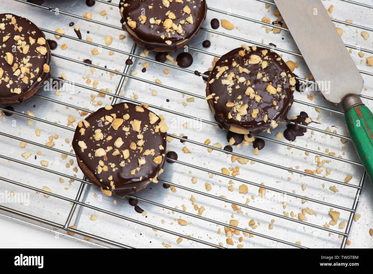 Homemade Chocolate coated peanut butter shortbread bicuits. Round