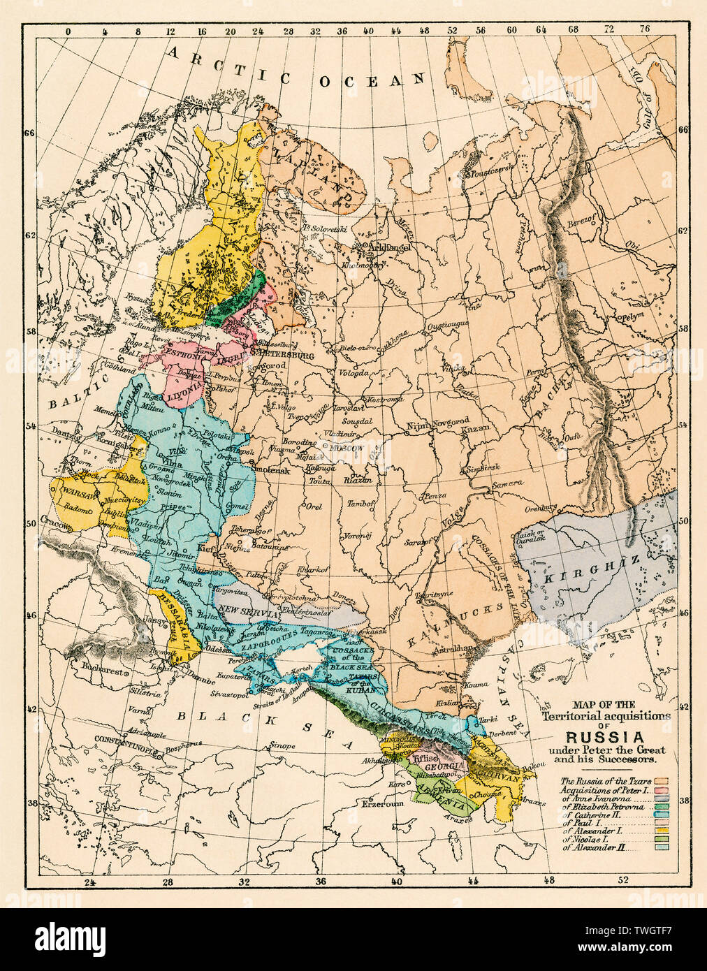 Map of Russian territory acquired under Peter I and later tsars. Color lithograph Stock Photo