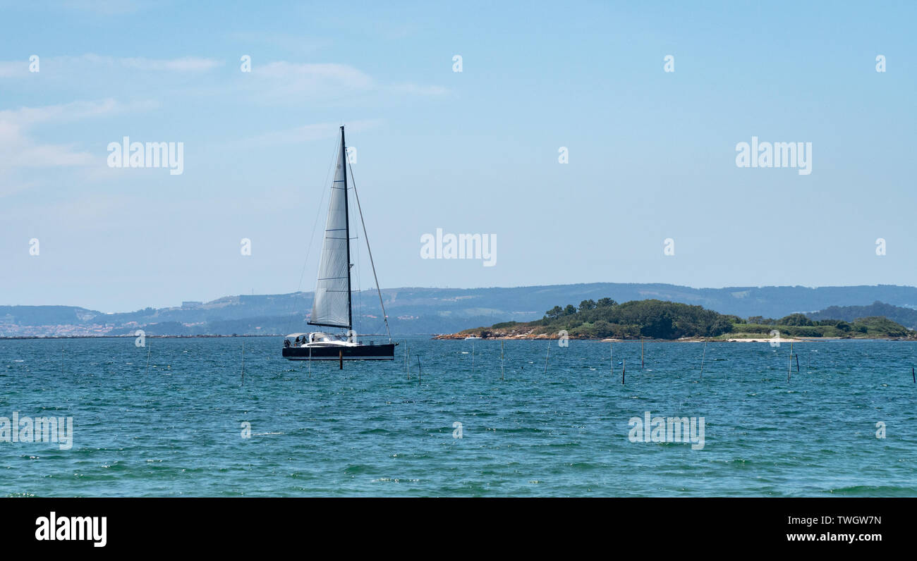 Panoramic view of a Luxury Yatch sailing in the sea. Rias Baixas sea, Galicia, Spain Stock Photo