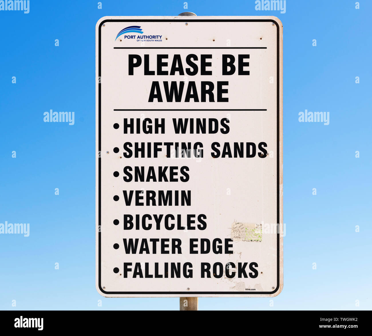Sign showing multiple risks at Nobby's Beach, Newcastle, New South Wales, Australia Stock Photo